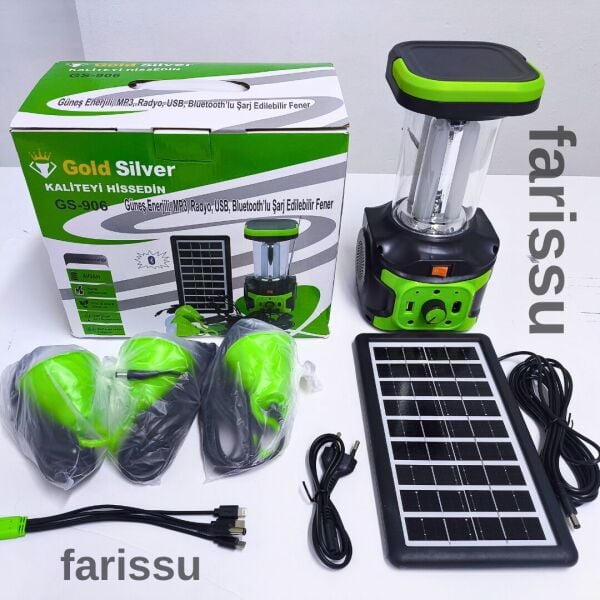 Gold Silver GS-906 Solar Enerjili Şarjlı Fener – Bluetooth, Radyo, USB, Güneş Paneli Dahil