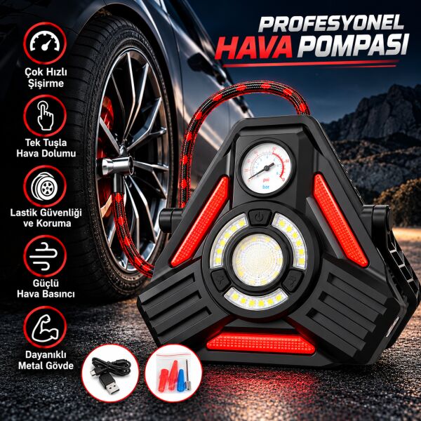 CQB-V6 Şarjlı Hava Pompası ve LED Lamba, 7 Işık Modlu, Basınç Göstergeli