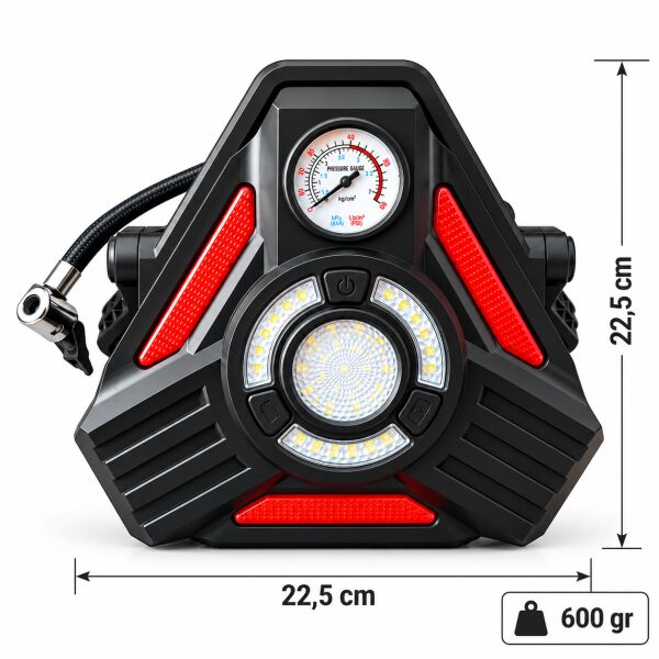 CQB-V6 Şarjlı Hava Pompası ve LED Lamba, 7 Işık Modlu, Basınç Göstergeli