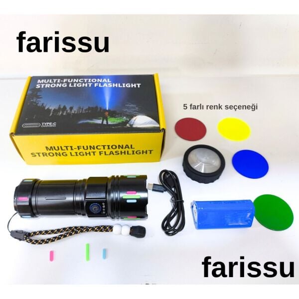 Şarjlı LED El Feneri | 100W | 8000-12000 Lümen | Zoomlu | 4500 mAh | Renkli Lensli