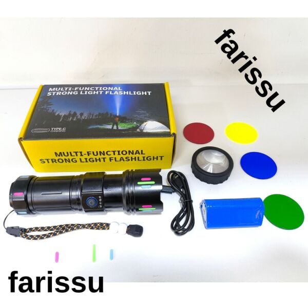 Şarjlı LED El Feneri | 100W | 8000-12000 Lümen | Zoomlu | 4500 mAh | Renkli Lensli