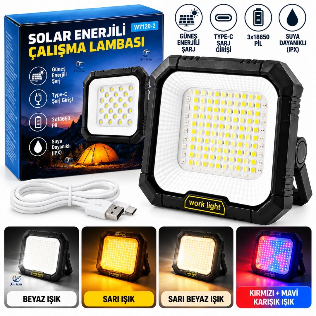 100W 10000 Lümen Solar Şarjlı LED Projektör 3600 mAh 5 Modlu Taşınabilir Kamp ve Çalışma Lambası