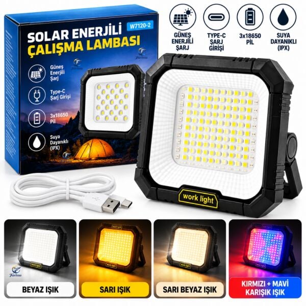 100W 10000 Lümen Solar Şarjlı LED Projektör 3600 mAh 5 Modlu Taşınabilir Kamp ve Çalışma Lambası