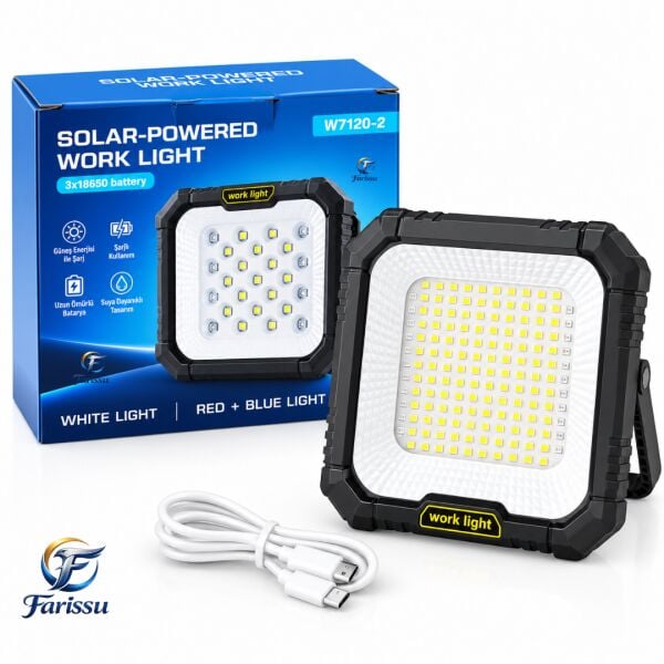 100W 10000 Lümen Solar Şarjlı LED Projektör 3600 mAh 5 Modlu Taşınabilir Kamp ve Çalışma Lambası