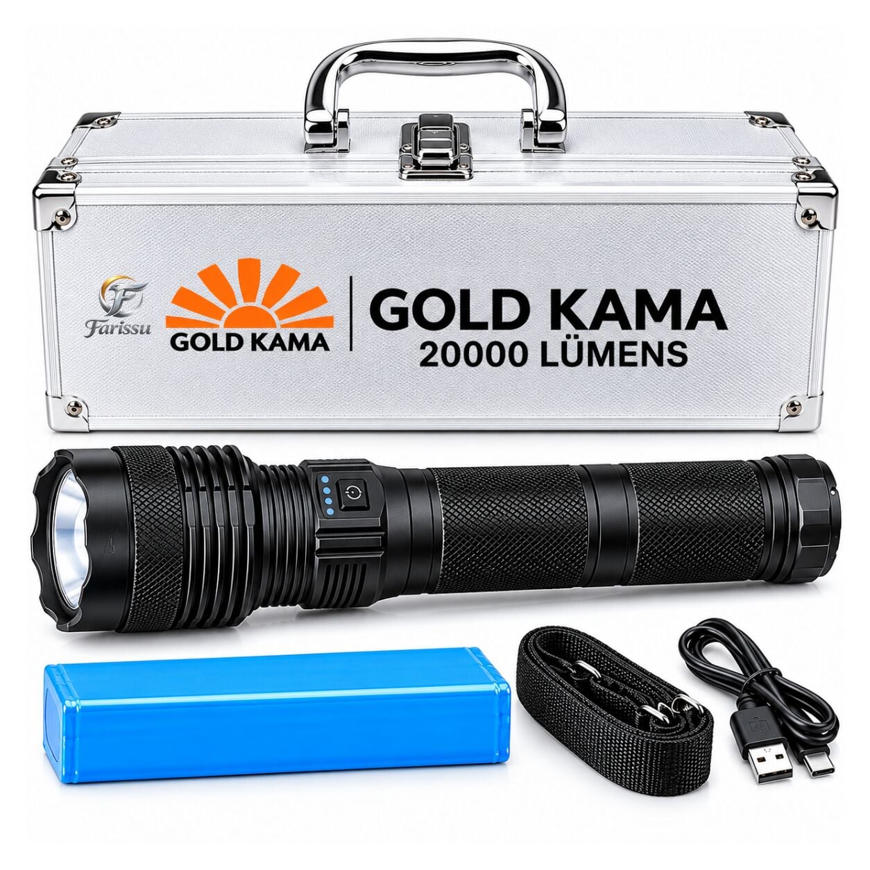 20000 Lümen Şarjlı LED El Feneri, 2-3 KM Menzilli, Zoomlu, 5 Modlu, Powerbank Özelliklİ