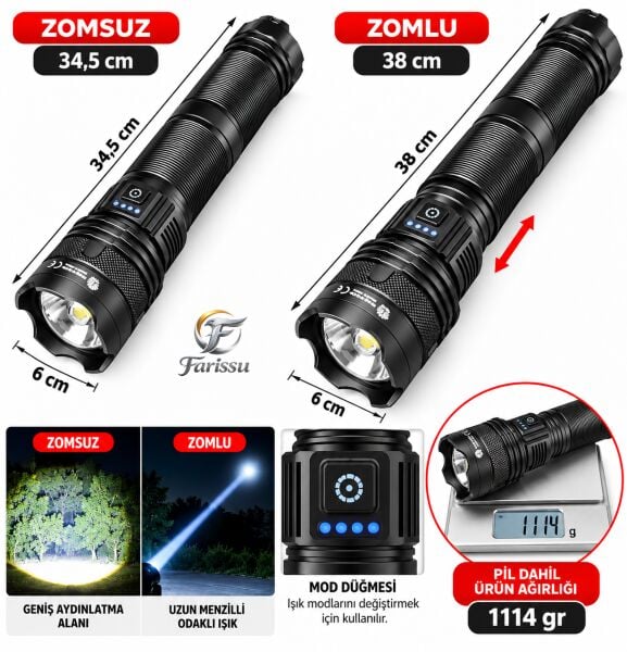 20000 Lümen Şarjlı LED El Feneri, 2-3 KM Menzilli, Zoomlu, 5 Modlu, Powerbank Özelliklİ