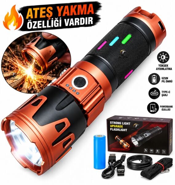 60W 6000 Lümen LED El Feneri – 1-2 KM Menzilli, Zoomlu, Ateş Yakma Özellikli, 4 Modlu, Type-C Şarjlı, Powerbank Özellikli