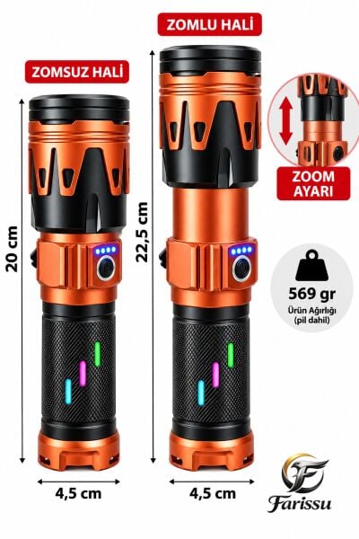 60W 6000 Lümen LED El Feneri – 1-2 KM Menzilli, Zoomlu, Ateş Yakma Özellikli, 4 Modlu, Type-C Şarjlı, Powerbank Özellikli