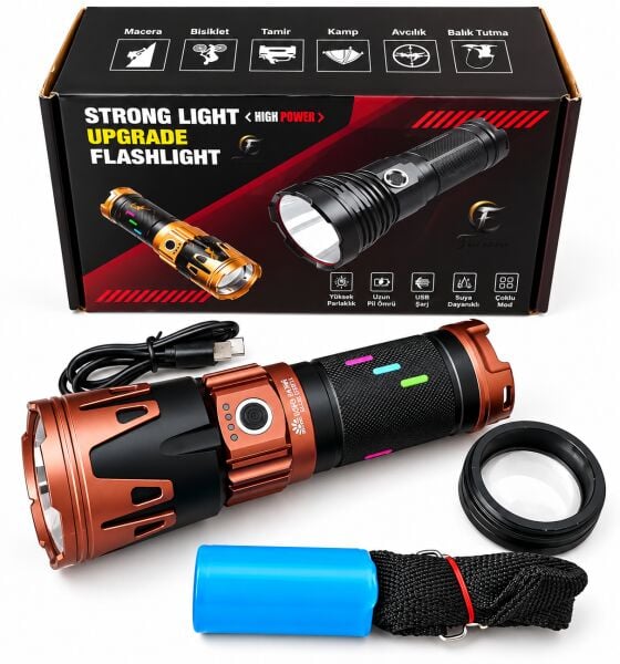 60W 6000 Lümen LED El Feneri – 1-2 KM Menzilli, Zoomlu, Ateş Yakma Özellikli, 4 Modlu, Type-C Şarjlı, Powerbank Özellikli