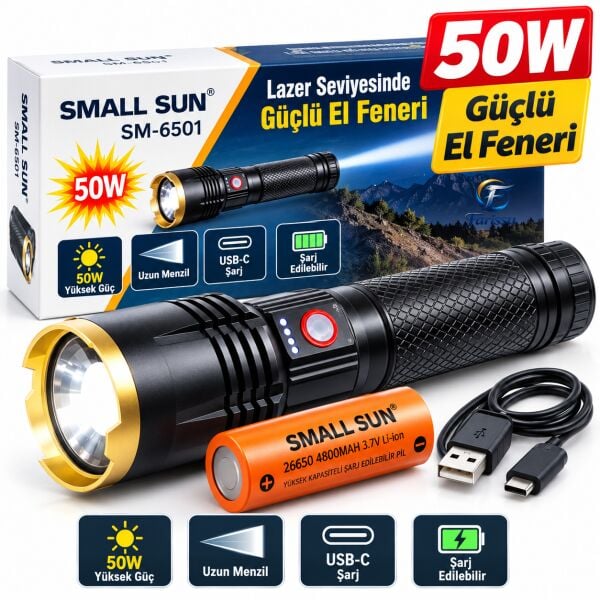 Small Sun SM-6501 50W Şarjlı LED El Feneri - 800 Metre Menzilli, USB-C ve Zoom Özellikli