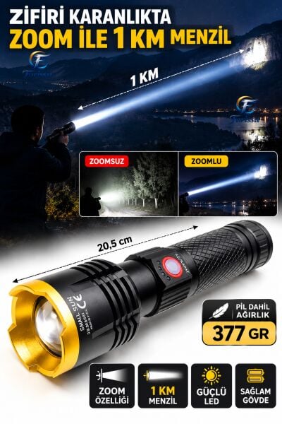Small Sun SM-6501 50W Şarjlı LED El Feneri - 800 Metre Menzilli, USB-C ve Zoom Özellikli