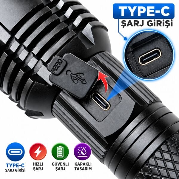 Small Sun SM-6501 50W Şarjlı LED El Feneri - 800 Metre Menzilli, USB-C ve Zoom Özellikli