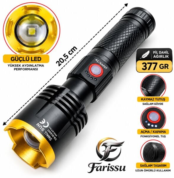 Small Sun SM-6501 50W Şarjlı LED El Feneri - 800 Metre Menzilli, USB-C ve Zoom Özellikli