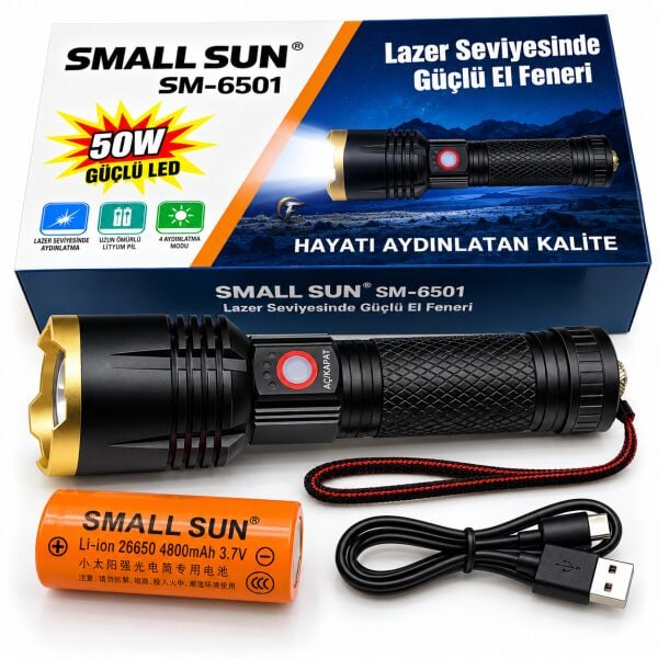 Small Sun SM-6501 50W Şarjlı LED El Feneri - 800 Metre Menzilli, USB-C ve Zoom Özellikli