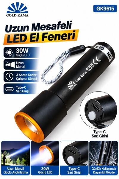 Gold Kama GK9615 30W Güçlü LED Şarj Edilebilir Zoomlu Mini Cep Feneri