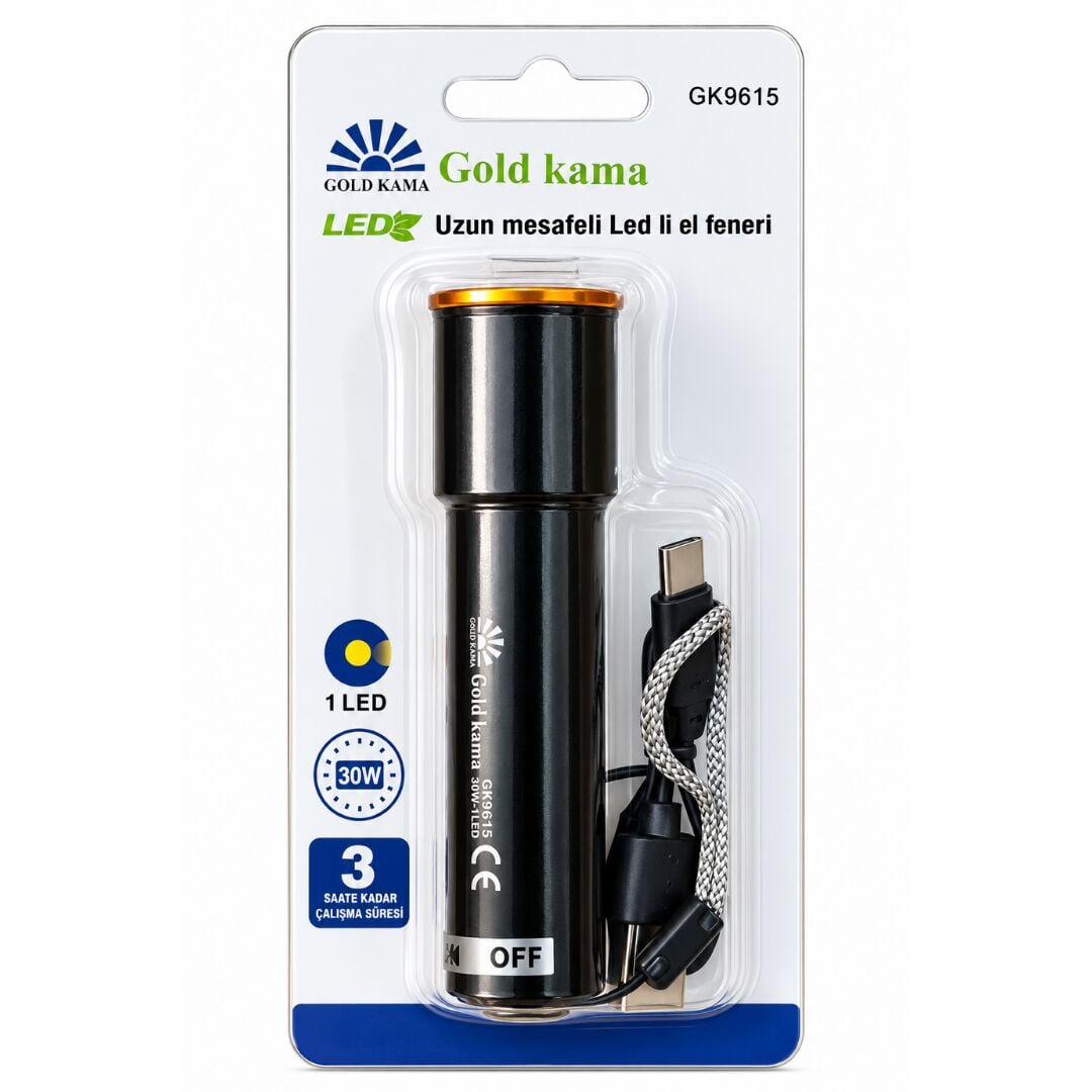 Gold Kama GK9615 30W Güçlü LED Şarj Edilebilir Zoomlu Mini Cep Feneri