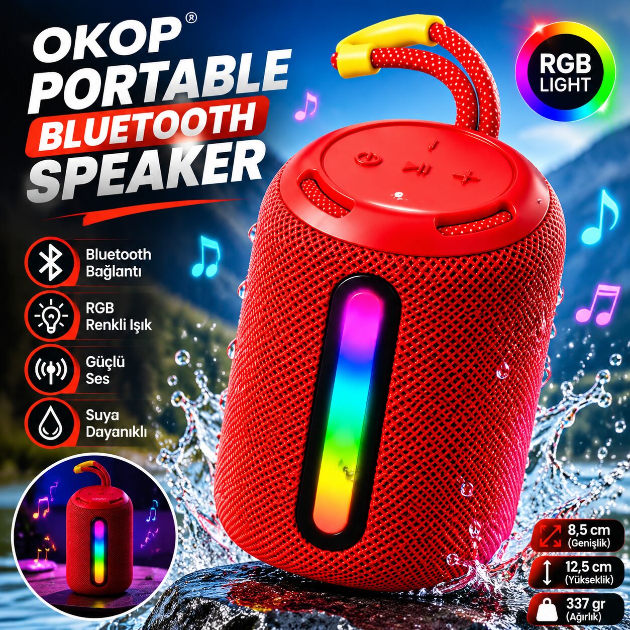 OKOP KP-599 Bluetooth 5.3 Kablosuz Taşınabilir Hoparlör 6.5W RGB Işıklı 800 mAh Şarjlı Mini Ses Bombası
