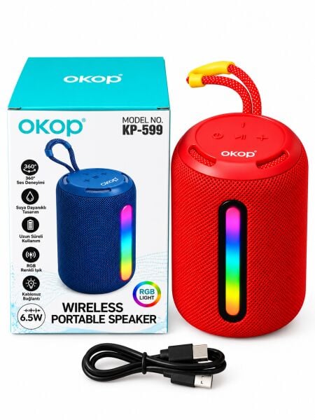 OKOP KP-599 Bluetooth 5.3 Kablosuz Taşınabilir Hoparlör 6.5W RGB Işıklı 800 mAh Şarjlı Mini Ses Bombası