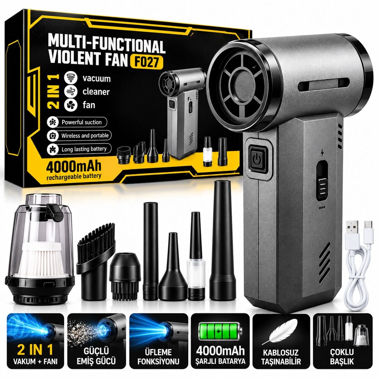 Multi-Functional Violent Fan F027 (2'si 1 Arada Çok Fonksiyonlu Turbo Fan ve El Süpürgesi)