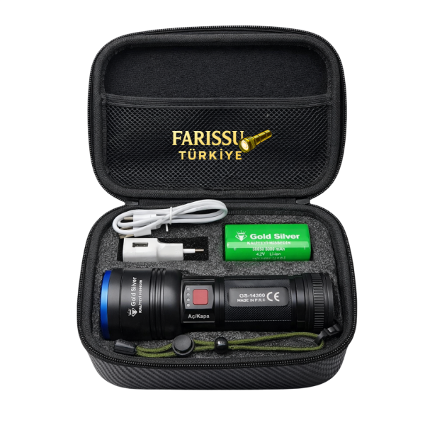 GS-14300  Şarjlı Avcı Feneri | 30W 3000 Lümen | 8000 mAh Li-ion Batarya | Taşıma Çantalı
