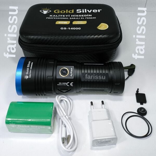 Gold Silver GS-14000 Şarjlı El Feneri | 40W 4000 Lümen | 12800 mAh Li-ion | Kamp, Avcılık & Acil Durumlar