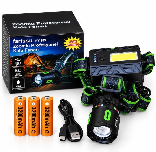 FY-155 40W 4000 Lümen Profesyonel Zoomlu Kafa Feneri 9600 mAh 3 Pilli 10 Saat Şarjlı LED Kafa Lambası