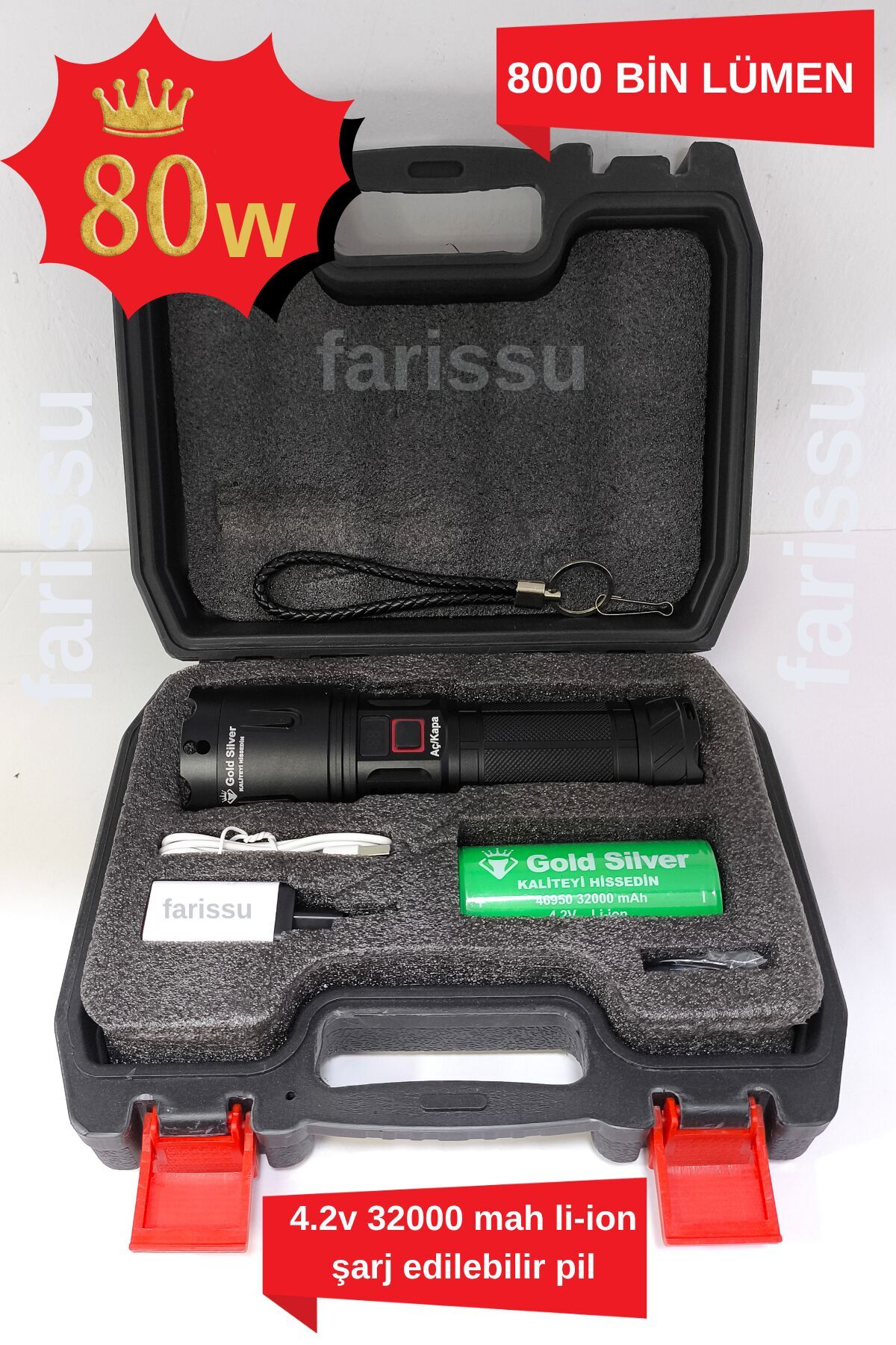 Gold Silver GS-14400 | 80W 8000 Lümen Şarjlı El Feneri (Su Geçirmez – Uzun Ömürlü Pil)