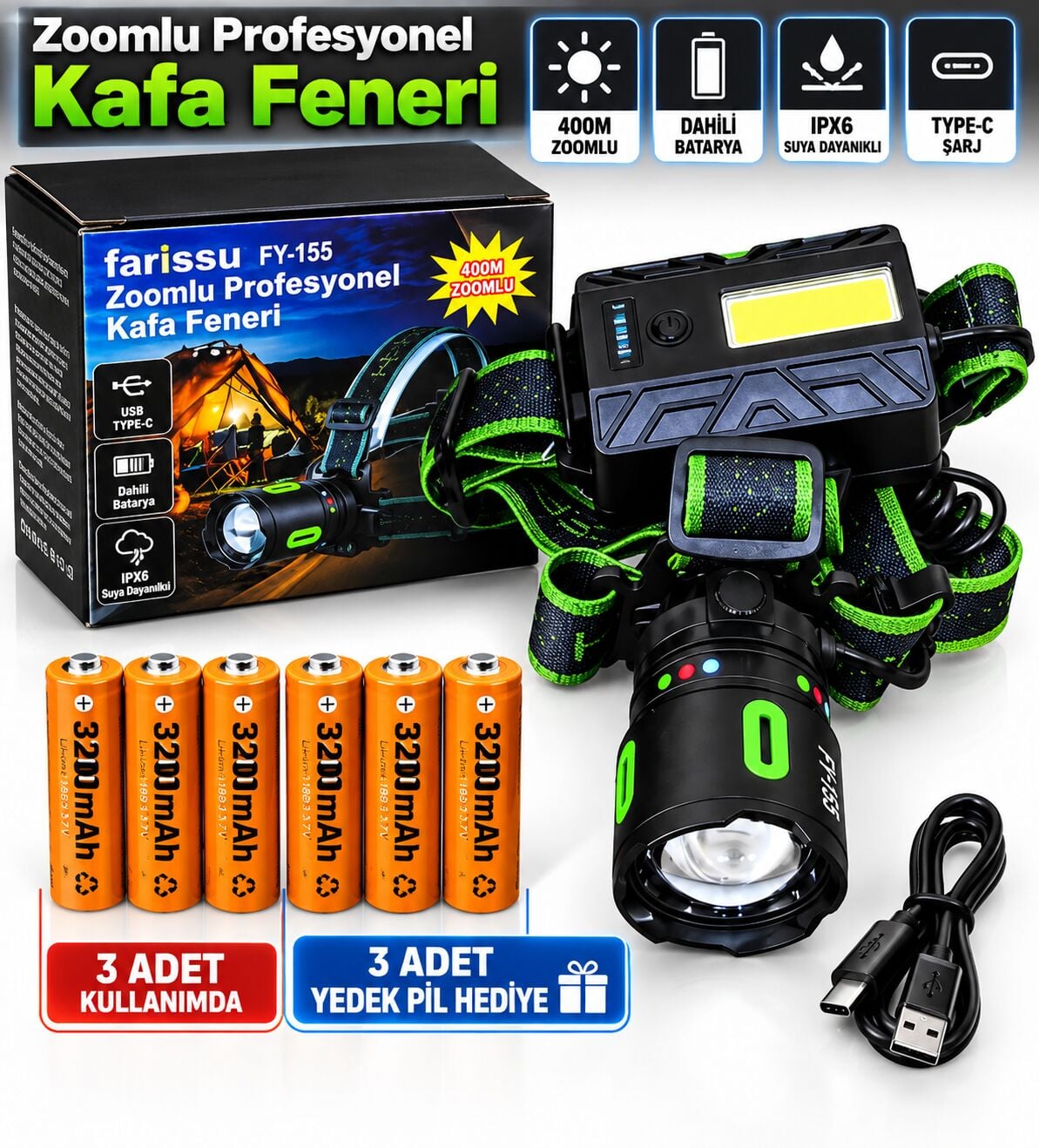 FY-155 40W 4000 Lümen Profesyonel Zoomlu Kafa Feneri 6 Adet 3200 mAh Pil 3 Yedek Pilli 10 Saat