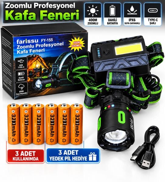 FY-155 40W 4000 Lümen Profesyonel Zoomlu Kafa Feneri 6 Adet 3200 mAh Pil 3 Yedek Pilli 10 Saat