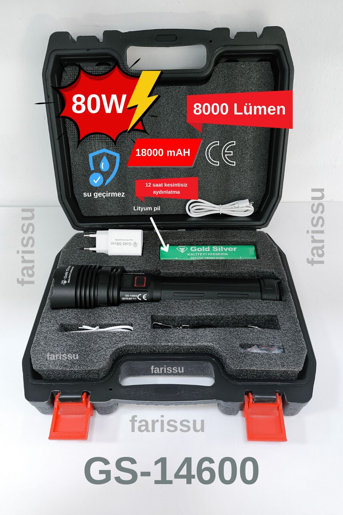 Gold Silver GS-14600 Şarjlı El Feneri | 80W 8000 Lümen - 18000 mAh Powerbank Özellikli