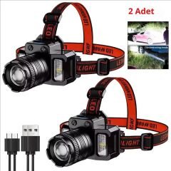Zoom Sensörlü LED Kafa Feneri | USB-C Şarjlı, Yakınlaştırmalı, Dijital Göstergeli 4 adet
