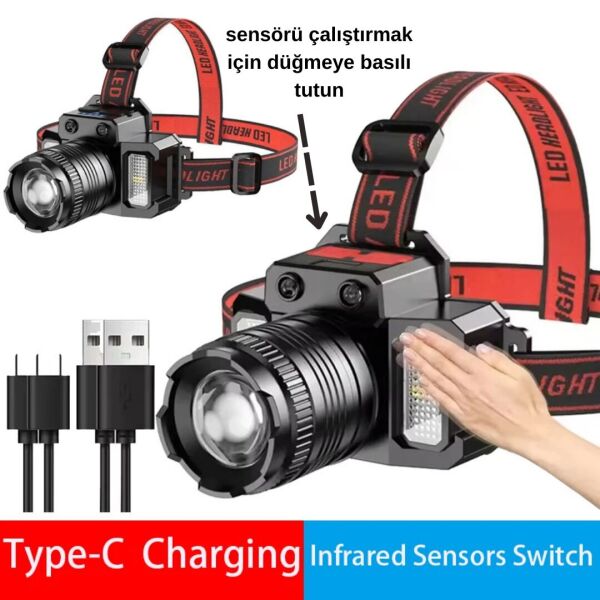 Zoom Sensörlü LED Kafa Feneri | USB-C Şarjlı, Yakınlaştırmalı, Dijital Göstergeli 4 adet
