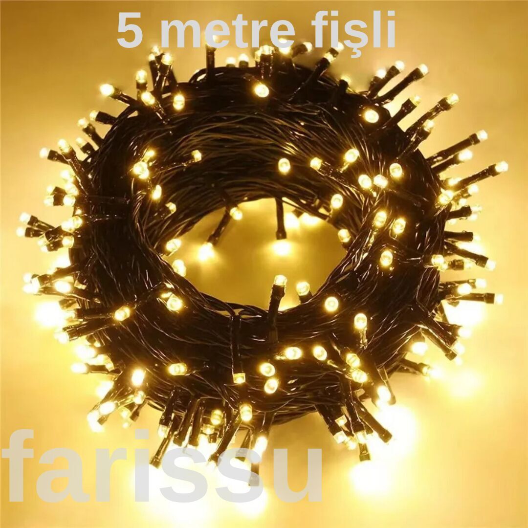 5 Metre 120 Ledli 8 Modlu Fişli Peri Led Işıklandırma - Gün Işığı Sarı Dekoratif Şerit Led