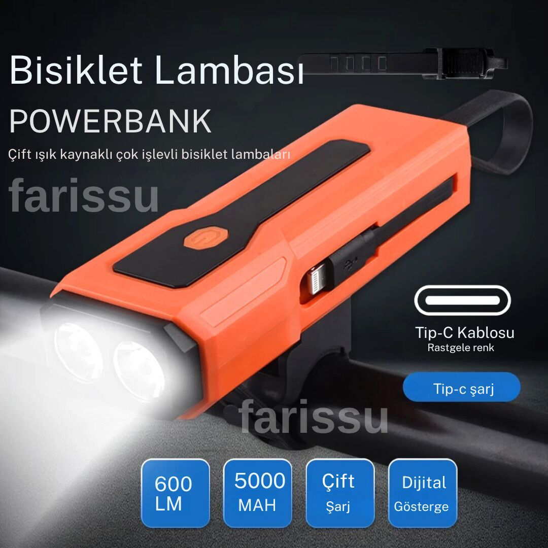 5000 mAh Powerbankli Bisiklet Lambası - 600 Lümen Çift Işık Kaynağı ve Dijital Gösterge ile Güvenli Sürüş