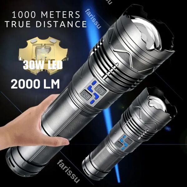 Süper Parlak 30W LED El Feneri - 2000 Lümen, 1000 Metre Menzil ve Powerbank Özelliği