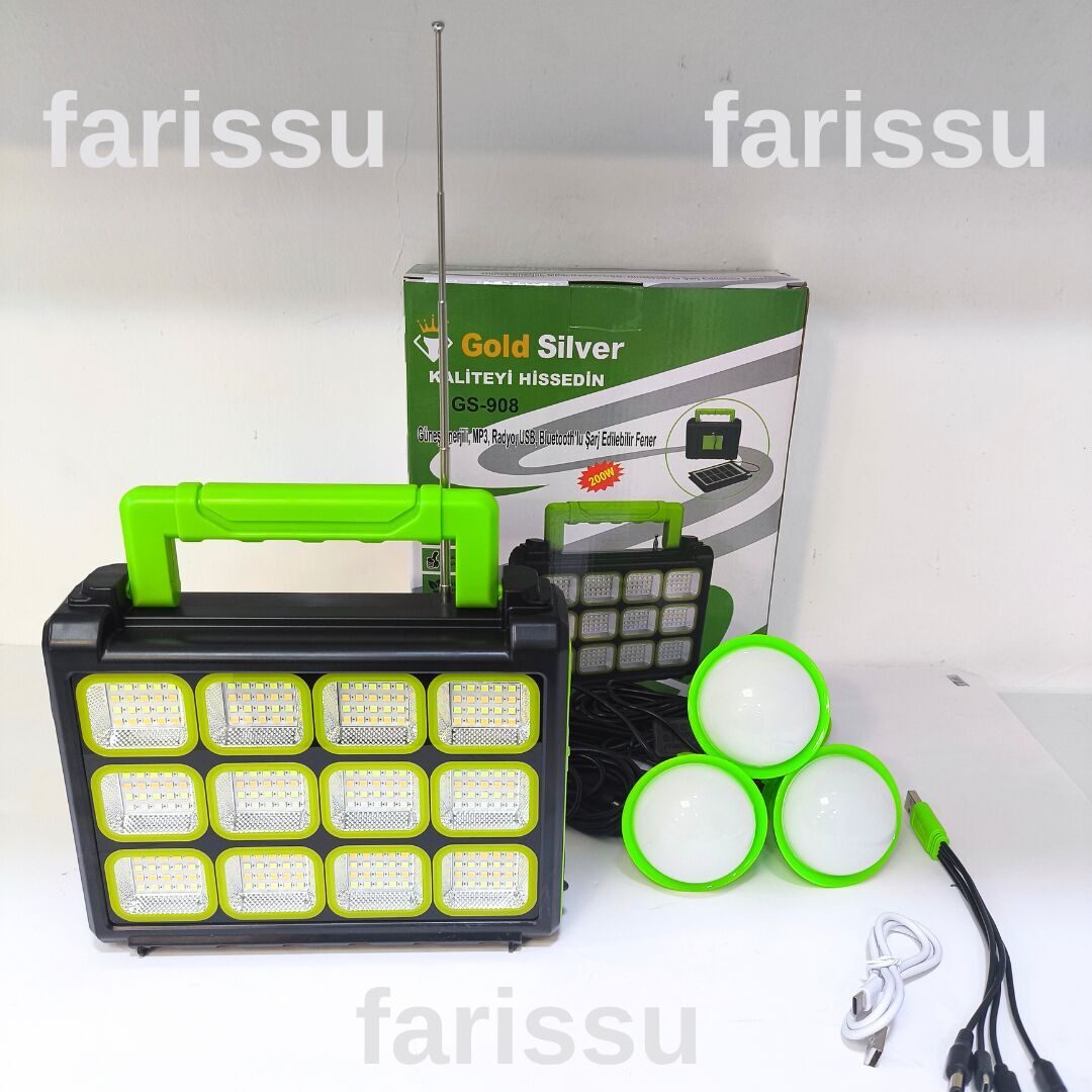 Gold Silver GS-908 200W Güneş Enerjili Şarjlı Fener - Bluetooth, USB, Radyo ve MP3 Özellikli