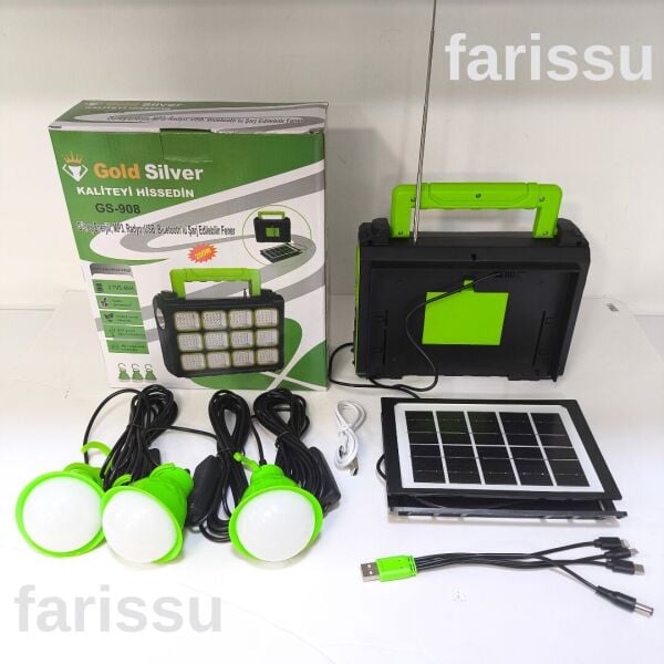 Gold Silver GS-908 200W Güneş Enerjili Şarjlı Fener - Bluetooth, USB, Radyo ve MP3 Özellikli