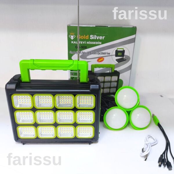 Gold Silver GS-908 200W Güneş Enerjili Şarjlı Fener - Bluetooth, USB, Radyo ve MP3 Özellikli