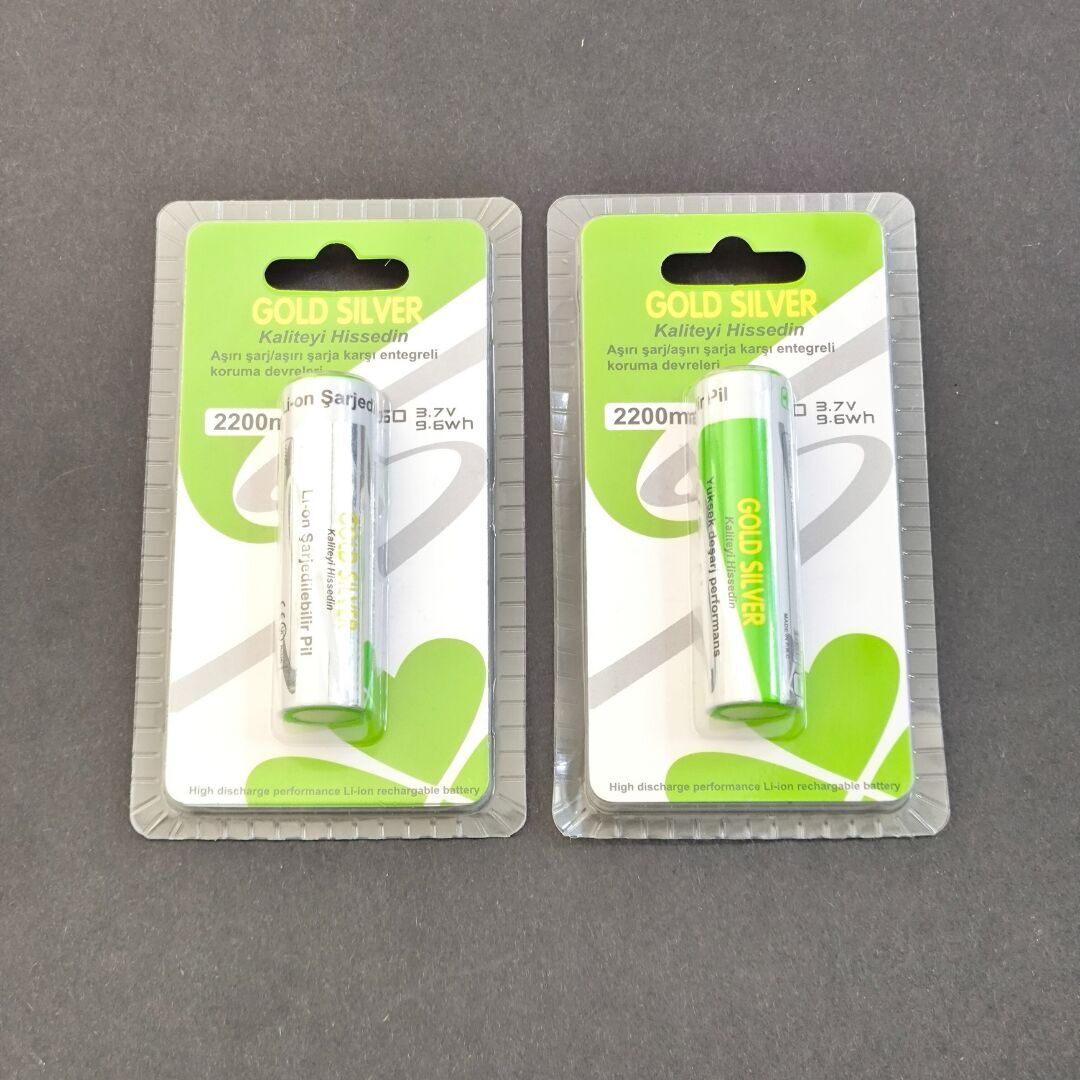 Gold Silver 2 Adet 18650 2200mAh 3.7V Şarjlı Pil | El Feneri ve Kafa Feneri Uyumlu