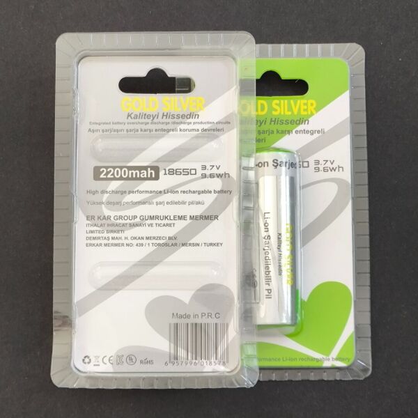 Gold Silver 2 Adet 18650 2200mAh 3.7V Şarjlı Pil | El Feneri ve Kafa Feneri Uyumlu