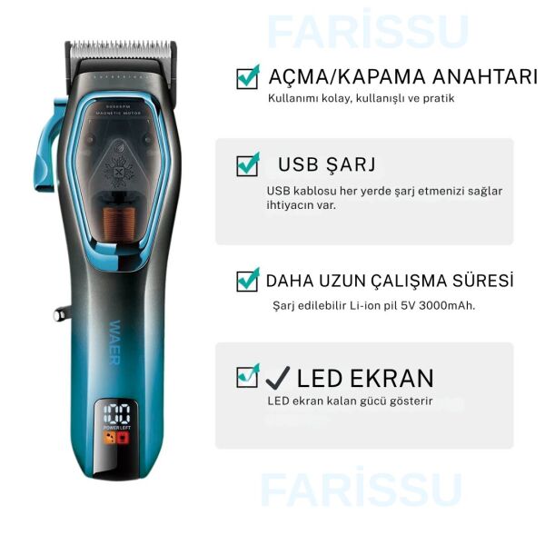 WAER WA-0222 Profesyonel 9000 RPM Manyetik Motorlu Saç Kesme Makinesi