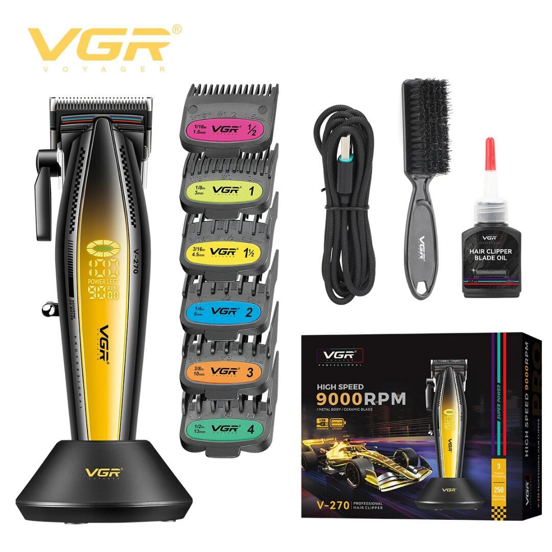VGR V-270 Profesyonel Saç Kesme Makinesi, 9000 RPM Yüksek Hızlı Motor ve LED Ekran Sarı