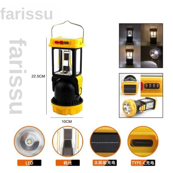 Çok Fonksiyonlu Şarjlı Kamp Lambası Feneri - Güneş Enerjili, Powerbank Özellikli, 4 Modlu, Suya Dayanıklı