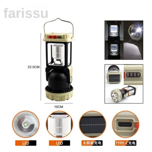 Çok Fonksiyonlu Şarjlı Kamp Lambası Feneri - Güneş Enerjili, Powerbank Özellikli, 4 Modlu, Suya Dayanıklı