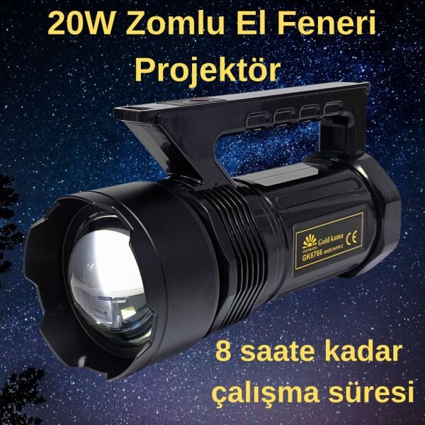 Gold Kama GK6766 20W LED Uzun Mesafe Şarj Edilebilir Projektör El Feneri
