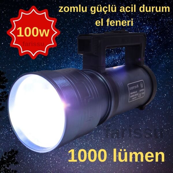 RT-829 100W 1000 Lümen Güçlü LED Acil Durum ve El Feneri – Şarjlı, Full Metal Gövde, Zoom Özellikli