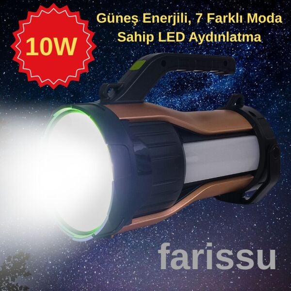 Güneş Enerjili, 7 Farklı Moda Sahip 10W LED Aydınlatma Solar Panelli Acil Durum  El Feneri