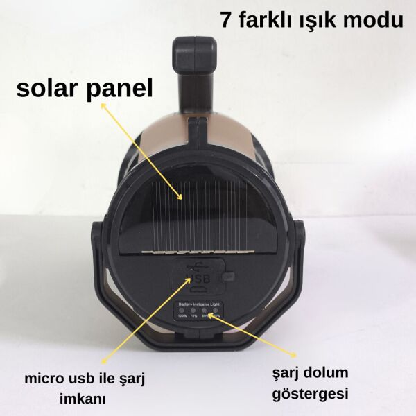 Güneş Enerjili, 7 Farklı Moda Sahip 10W LED Aydınlatma Solar Panelli Acil Durum  El Feneri
