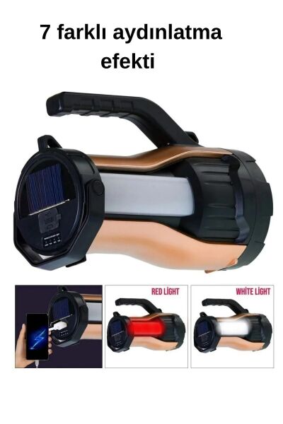 Güneş Enerjili, 7 Farklı Moda Sahip 10W LED Aydınlatma Solar Panelli Acil Durum  El Feneri