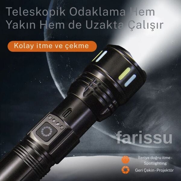 RT-171 1000 Lümen 50W Şarjlı LED El Feneri – 5 Modlu, Teleskopik Odaklamalı, Suya Dayanıklı
